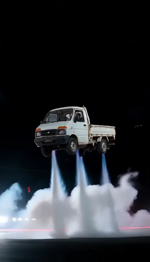 AI-generated white pickup truck hovering with downward vapor jets and four visible wheels