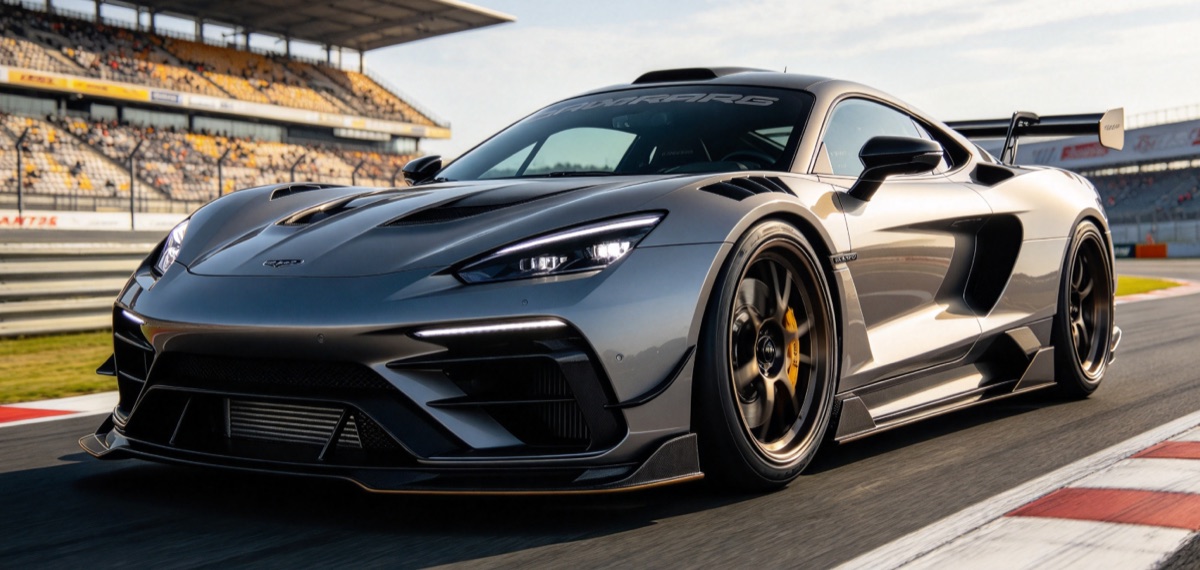 Grey sports car at a front three-quarter angle on a racetrack